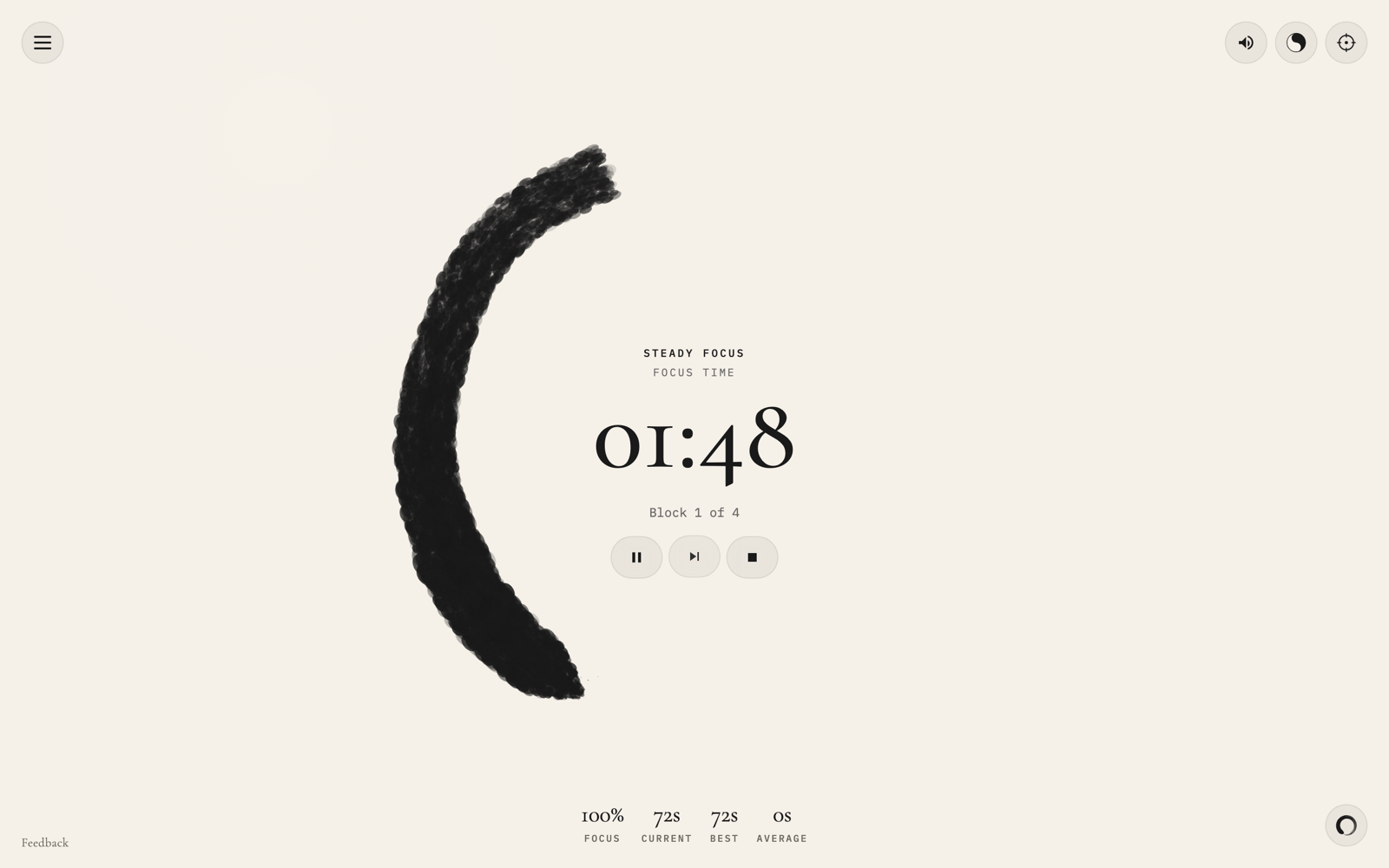 A running focus session: the ensō circle drawing itself next to the live focus stats